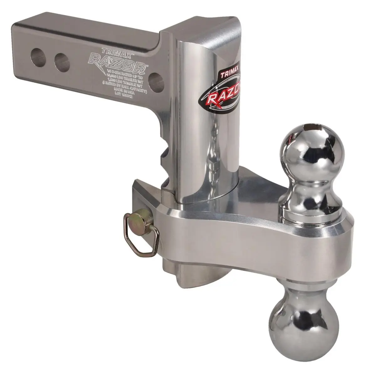 Trimax Heavy-Duty Adjustable Hitch, Polished Solid Aluminum Hardware with 6-Inch Drop/Rise, Dual Balls (2" & 2 5/16"), 10,000 lbs Towing Capacity, 1,500 lbs Tongue Weight, Boating Accessories
