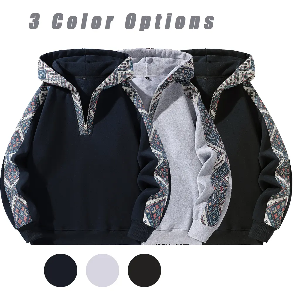 Color-Block Hooded Sweatshirt for Men, Retro Relaxed Fit Half-Zip Pullover with Long Sleeves, Comfortable Casual Fashion Top, Tops, Loose-Fit, Hooded Neck, Polyester, Menswear, Longsleeves, Retro Look, Aesthetic quarter