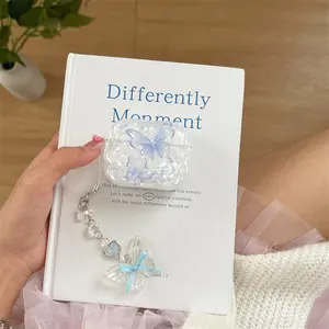 Shell patterned beautiful blue butterfly headphone protective case with white butterfly pendant Earphone Protective Cover for AirPods 1 2 3 4 Pro Pro2