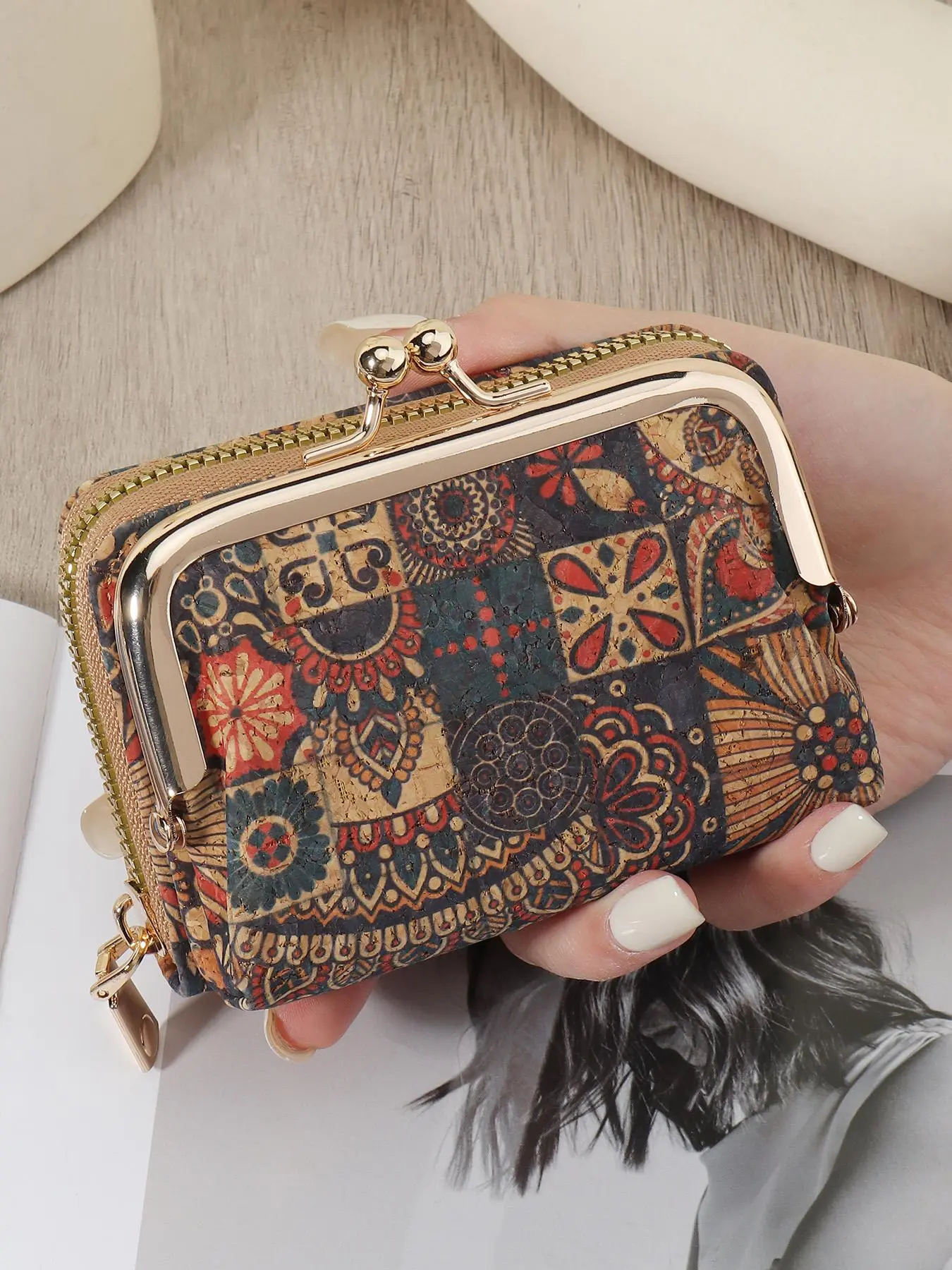 Women's Boho Style Patchwork Pattern Card Holder, Casual Multi-Slot Design, Zipper Closure, Coin Pocket, Credit Card Organizer, Large Storage Capacity