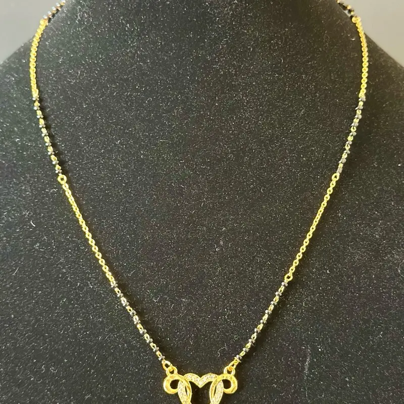 Classic Heart Pendant Necklace for Female, Gold Toned Metal Coating with Black Bead Chain, Casual Wedding Mangalsutra Style Jewelry, Heart Necklace
