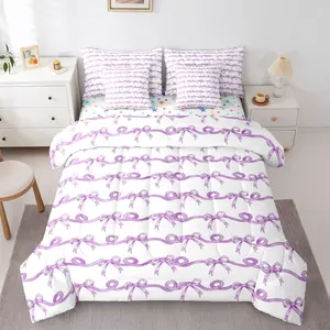 Feelyou 7-Piece High-Quality Cozy Microfiber Bedding Set - Purple Striped Princess Comforter Set with Sheets, Preppy Coquette Ribbon Bow Tie Print for Girls, Multi-Size Options