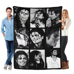 Michael Jackson Art Graphic Face Print Flannel Blanket - Black Backdrop with Iconic B&W Photos, Soft and Cozy Bedroom Throw, Relaxing Room Decor, Thoughtful Present for MJ Fans