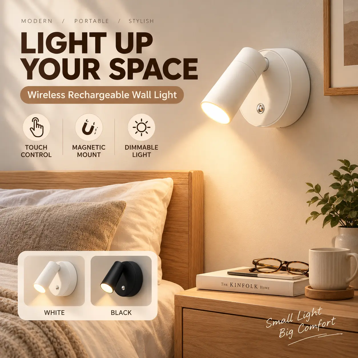 Rechargeable LED Wall Light, Wireless Magnetic Wall Lamp with Touch Control, Dimmable Adjustable Bedside Reading Light for Bedroom, Home Office and Study
