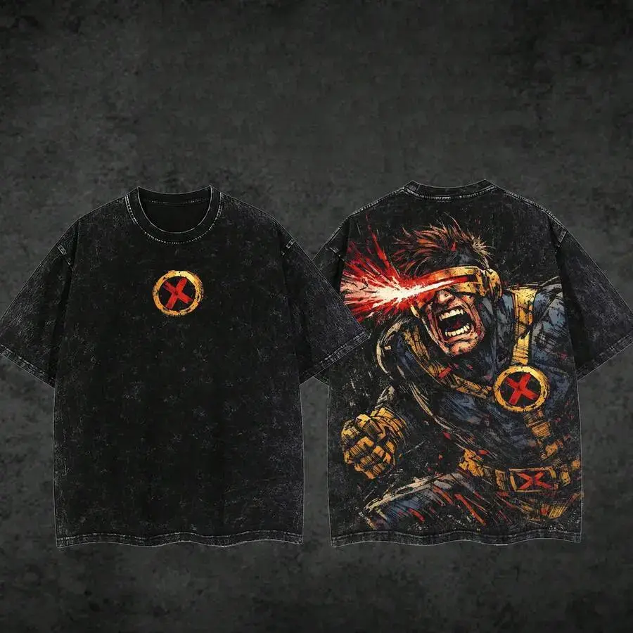 Men's Oversized Heavyweight Cotton Drape Fabric Graphic Printed Tee - Mutant Hero Laser Eye Acid Washed, Double Sided Print, Retro Comic Streetwear, Y2K Grunge Aesthetic, Bold Statement Tee, Menswear Unisex Casual Top, Vintage Comic Fan Gift W3R