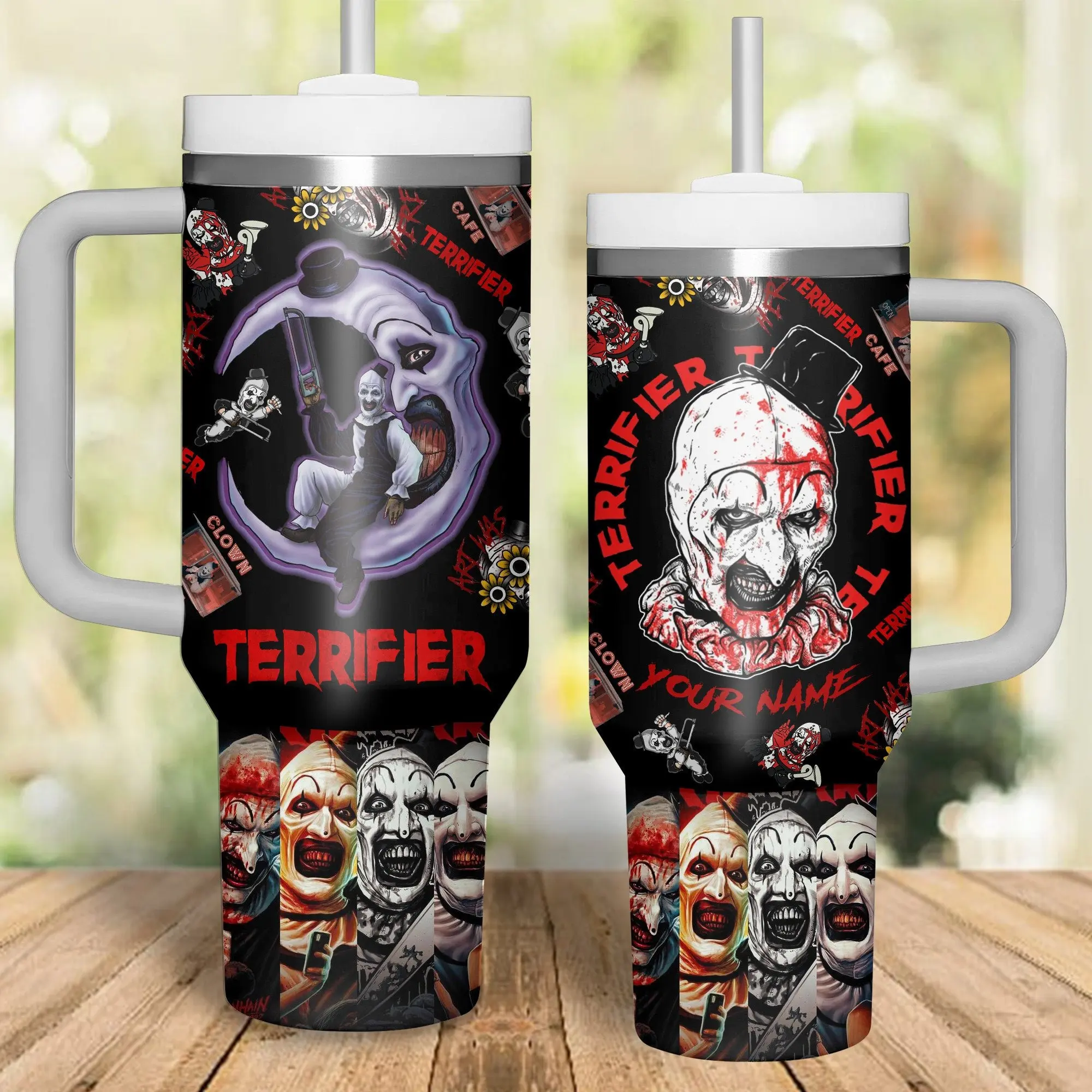 Personalized Terrifier 40oz Tumbler With Handle & Straw, Art the Clown Horror Movie Inspired Stainless Steel Insulated Travel Mug, Custom Name Leakproof Cup for Hot & Cold Drinks, Halloween Fan Gift