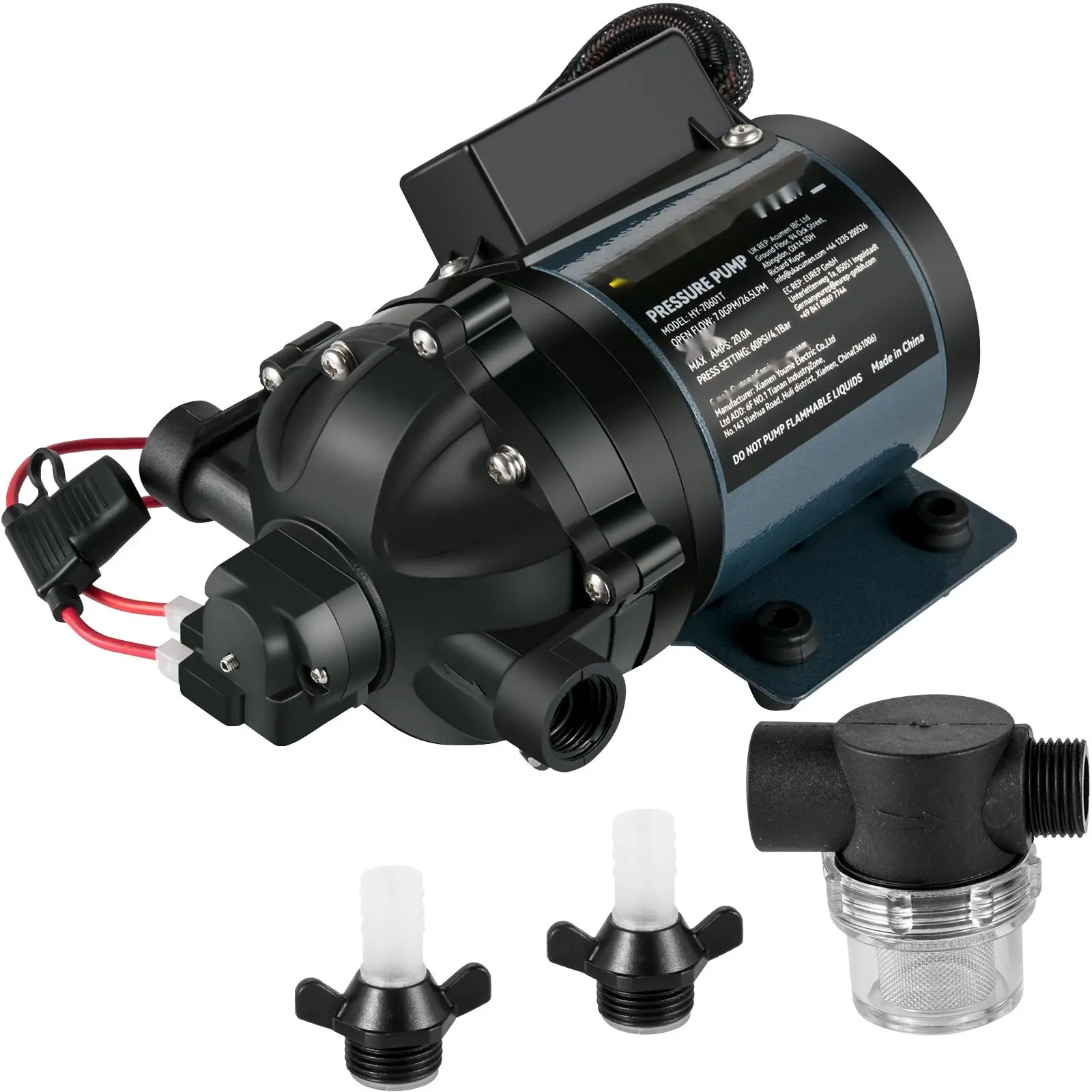 12V DC Washdown Pump, 7 GPM At 60 PSI, Self-Priming Up To 10 Ft Lift, EPDM Valve, Universal Salt Water Strainer, Female And Male Thread Connections, For RV, Marine Deck, Yacht, Marine-Grade