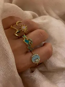 4 Pcs Vintage Weathered Sun Moon Cloud Ring Set, Enamel Oil Drop Open Rings, Summer Vacation Style Stackable Finger Jewelry Accessories