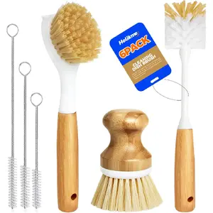 6 Pack Dish Brush Kitchen Brushes Set with Bottle Brush, Dish Brush, Palm Scrub Brush and Straw Brush, Fruit Vegetable Cleaning Brushes, Long Handle for Skillet Wok Pot Pan Cast Iron, Yellow