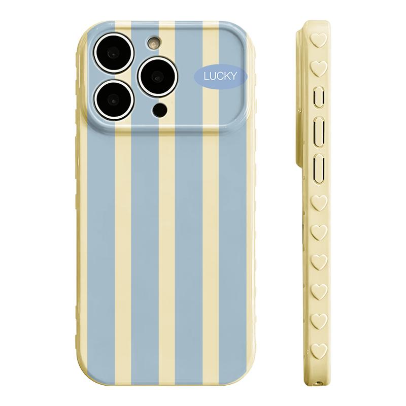 Color Block Stripe Lucky Slogan Phone Case - Premium Glossy Soft TPU-PC Composite Protective Cellphone Casing, Fingerprint Proof Soft Cover with Silky Non-Slip Skin-Friendly Surface, Side Embossed Heart Phone Decoration