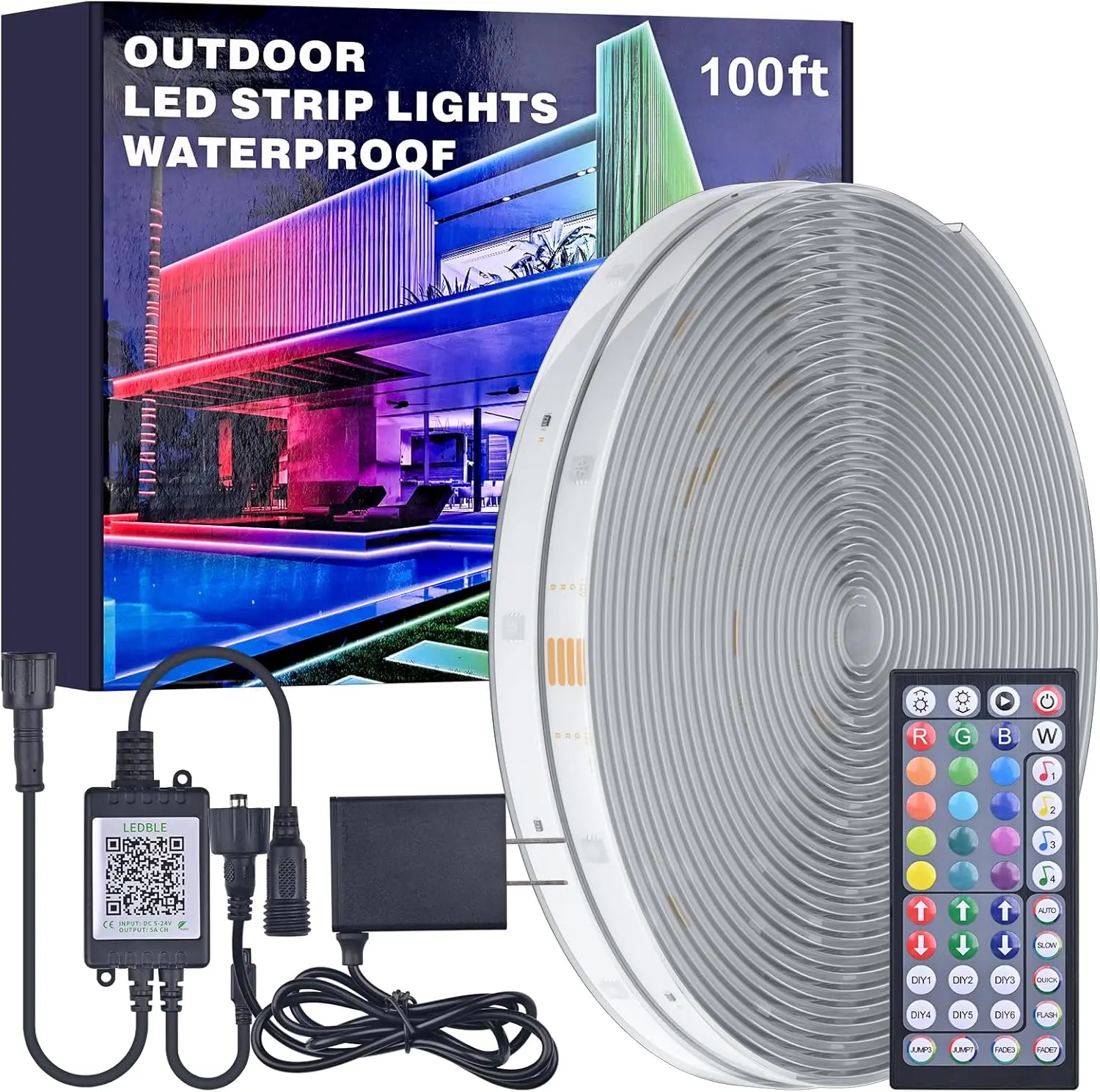 100FT Outdoor RGB LED Strip Kit, IP67 Waterproof App Remote Controlled Color Changing Music Sync Rope Light for Balcony, Garden, Pool