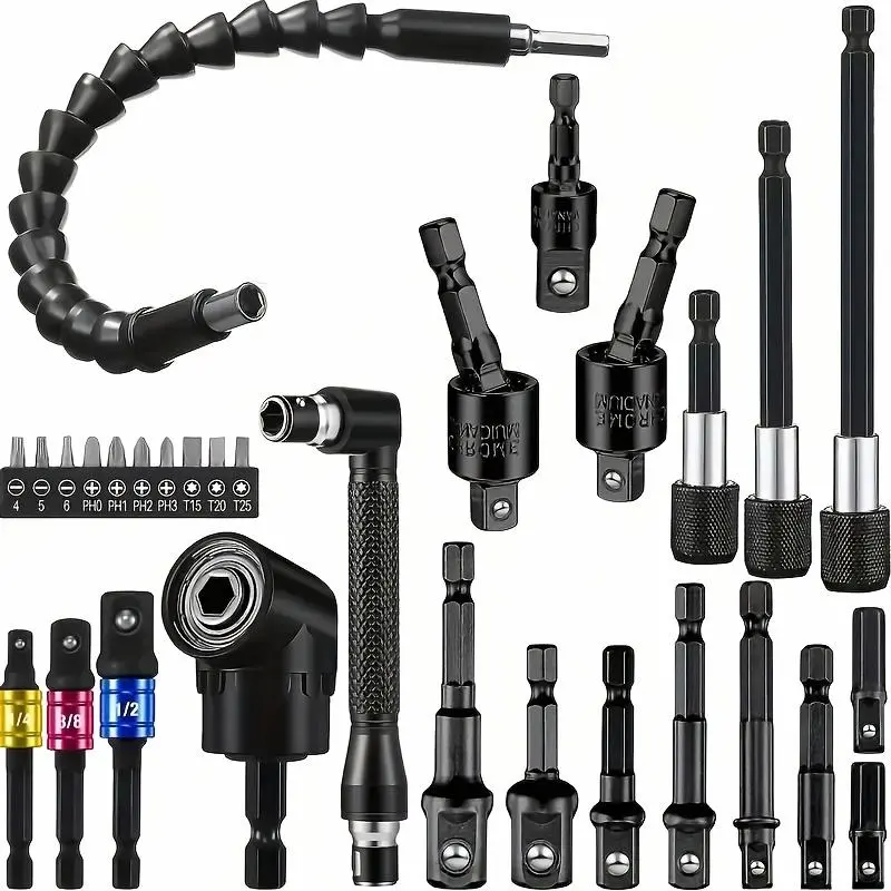 31pcs Steel Universal Tool Set with Flexible Shaft, Quick-Change Adapter, Impact Wrench Socket Adapter, Right-Angle Screwdriver Bit Holder, Magic Socket, And Extension Bar-Power Tool Accessories