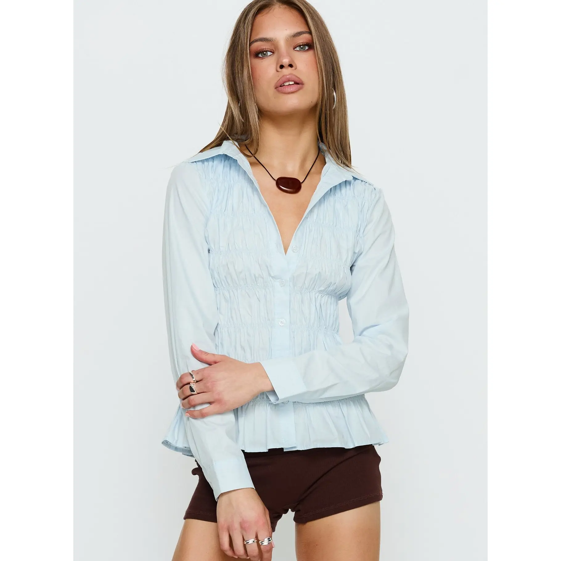 Cultivate Shirred Long Sleeve Top Blue