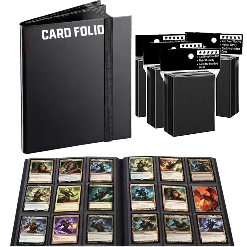 Upgraded 360 Pockets 9-Pocket Side Loading Trading Card Binder, Premium Black Card Collection Holder Book for Yugioh, MTG, TCG, Football & Baseball Sports Collector Cards（ Bonus 200PCS Black Matte Card Sleeves Included） toploader zip