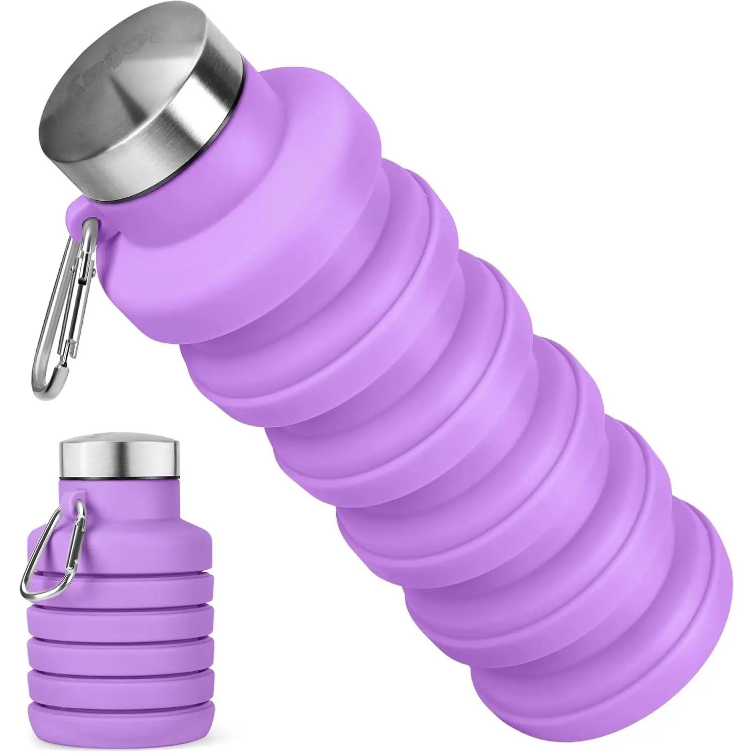 Collapsible Water Bottle, 16oz Portable Reusable Silicone Water Bottle, BPA-Free Leak-Proof Foldable Design with Carabiner, Lightweight Durable for Gym, Travel, Camping, Hiking, Sports-Purple