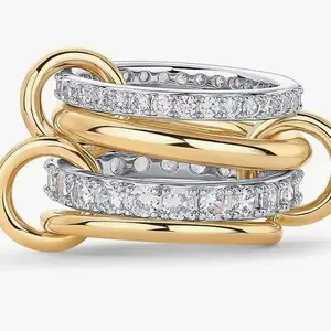 Triple Stackable Rings Chunky 18K Gold Plated Two Tone Cubic Zirconia Rings, Sparkly Unisex Stacking Jewelry for Everyday Luxury