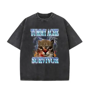 Vintage Washed Black Unisex T-Shirt – 'Tummy Ache Survivor' Meme Cat Graphic, Oversized Fit for Outdoor Streetwear & Funny Meme Aesthetic