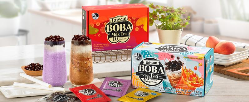 J WAY Instant Boba Bubble Pearl Variety Milk Tea Fruity Tea Kit with Authentic Brown Sugar Caramel Fruity Tapioca Boba, Ready in Under One Minute, Paper Straws Included - Gift Box - 10 Servings