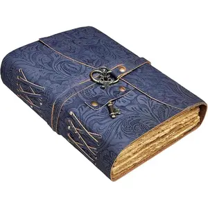 Embossed  Journal with Antique Key  Pages  Journal  Sketchbook Notepad  Travel Journal Book of Shadows  grimoire (Blue, 8x6 Inch)