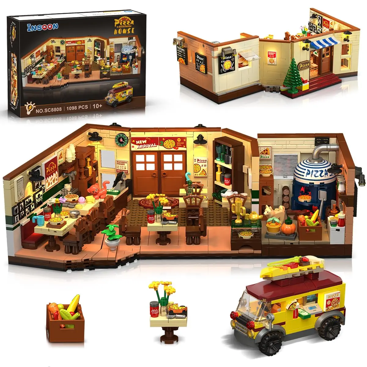 City Street Pizza Restaurant Building Set with Light – 1098 PCS Pizzeria House Architecture Model with Retro Pizza Van, Crafts, Animals & Magnetic Blocks, Home Decor Gift for Teens & Adults 12+