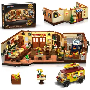City Street Pizza Restaurant Building Set with Light – 1098 PCS Pizzeria House Architecture Model with Retro Pizza Van, Crafts, Animals & Magnetic Blocks, Home Decor Gift for Teens & Adults 12+