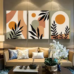 Frame 3-piece Set of Bohemian Abstract Line Geometric Green Leaf Art Canvas Canvass, Suitable for Living Rooms, Bedrooms, Bathrooms, Kitchens, Home Decor, Corridors, Offices, Modern Art, Wall Decoration, Painting Gifts-Wrapped Canvas Hanging Print