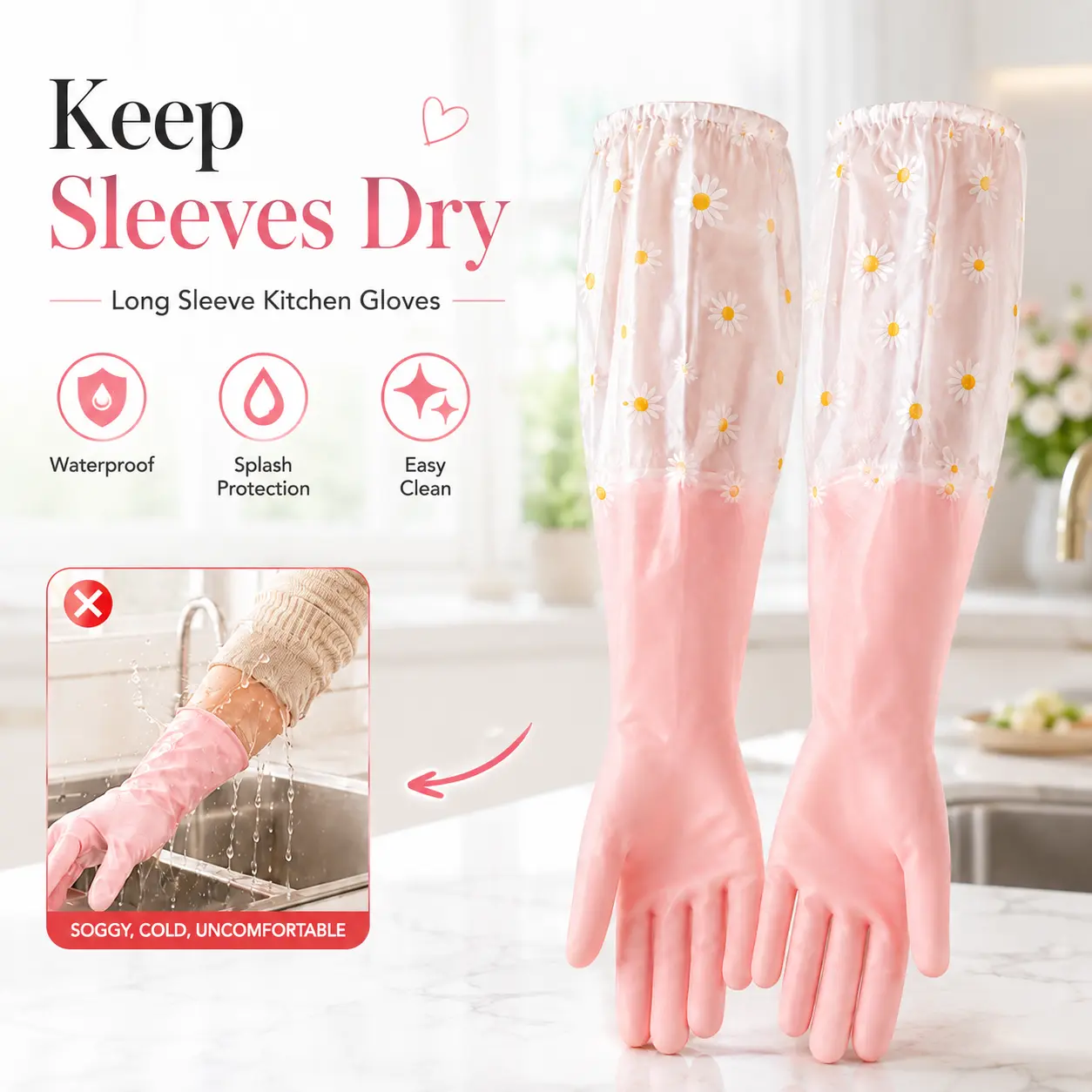 47cm/18.5in Comfortable Long Pink Household Rubber Cleaning Gloves, Long-Sleeve Waterproof Reusable Gloves with Splash Protection for Kitchen, Bathroom, Pet Care