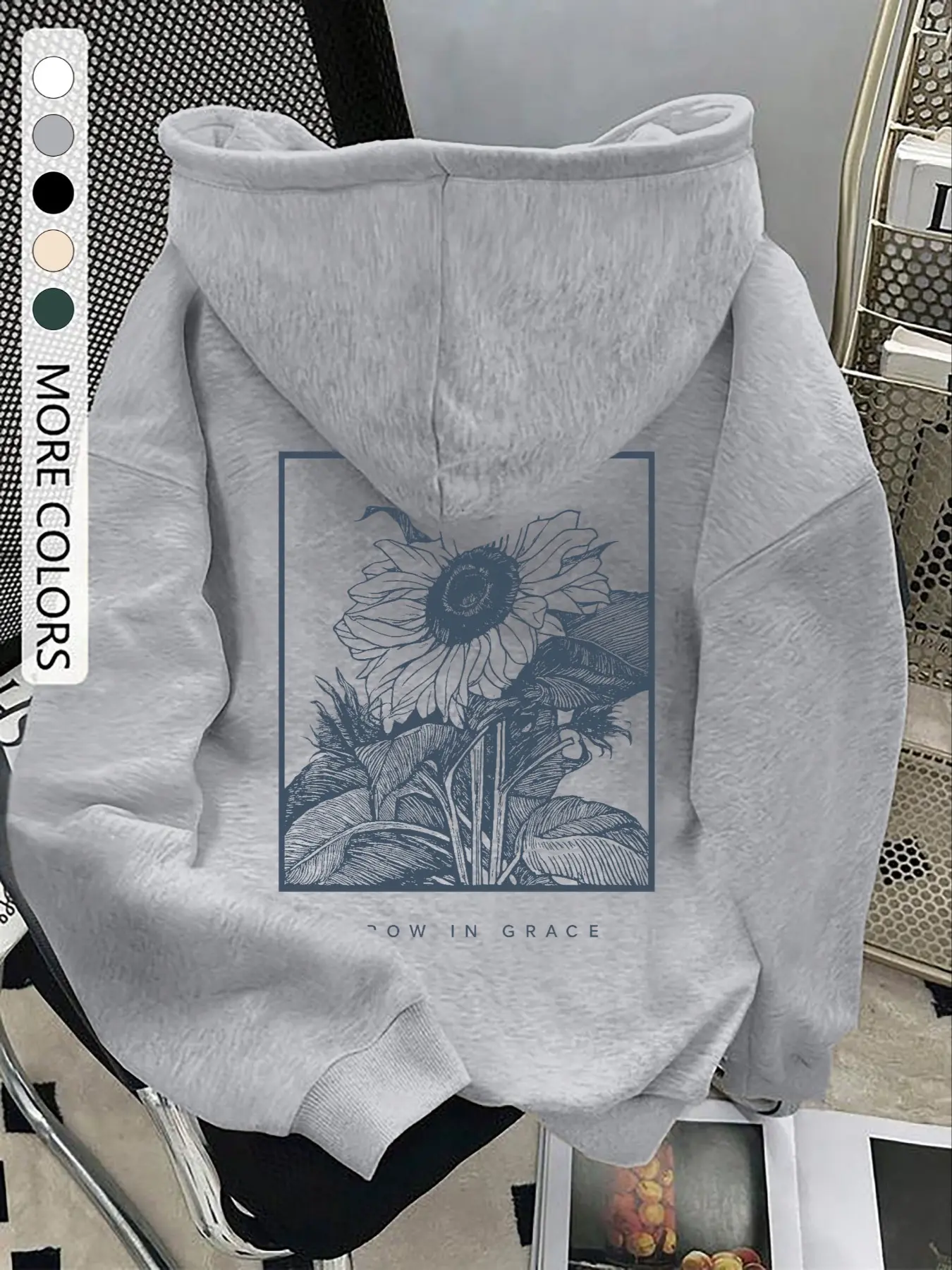 Women's Light Gray Soft Oversized Hoodie & Sweatshirts | "Grow In Grace" Sunflower Art Geometric Graphic, Minimalist Aesthetic Apparel | TikTok Trending Gentle Casual Pullover for Nature & Calm Style Enthusiasts