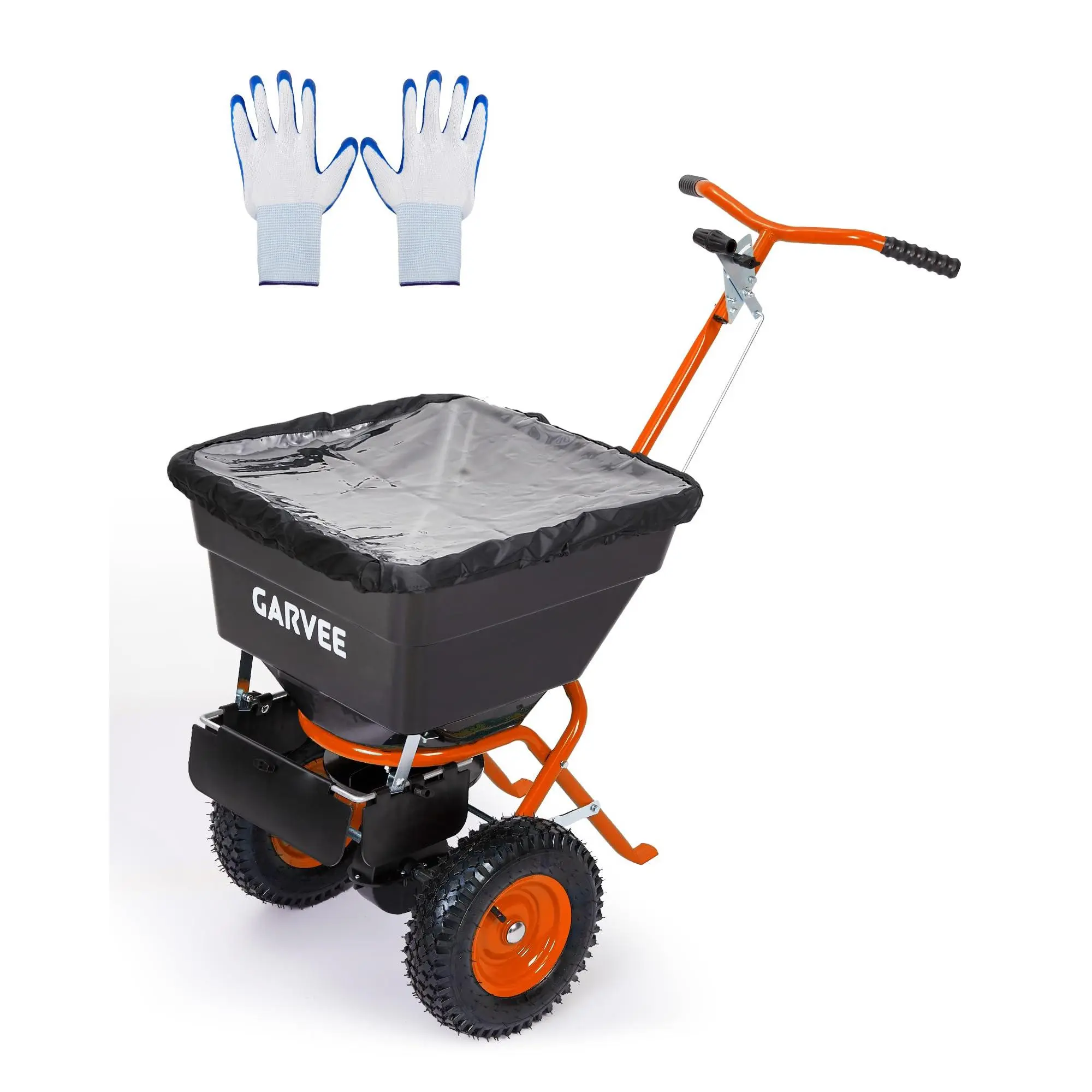 100lb Push Broadcast Spreader, 12ft Coverage for Lawn & Garden – Adjustable Drop Rate, 10" All-Terrain Pneumatic Tires, Rain Cover & Gloves – Durable Steel Frame, Orange-Red