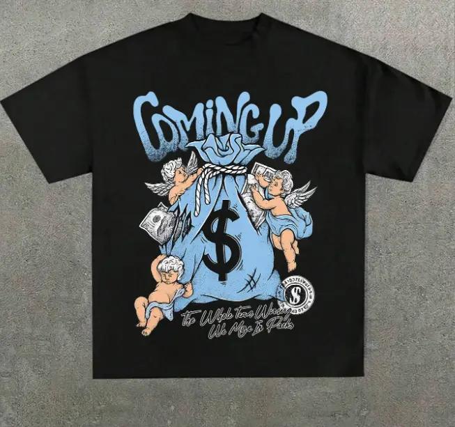 Hip Hop Lover Unisex Summer Oversize Cotton Tee Coming Up Vintage Print Cherub Angels Carry Cash Money Bag Retro Distressed Graphic For Hustle Street Fan Casual Outfits Soft Breathable Heat Transfer Baggy Fit