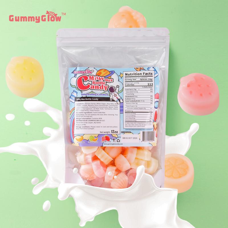 【Hyped Snack】GummyGlow Wax Candy 12 oz Bag Coconut- Variety Milk Fruity Flavor（banana，cantaloupe, strawberry） Filled Fun Shapes Edible Wax Sweet Snack for Parties Bonbon Sweet Fruit Bite