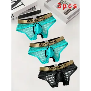 [Sexy Briefs] 3pcs Men's Sexy Fishnet Briefs | Detachable Pocket, Stylish Letter Belt Underwear Fabric Menswear Spandex Socks Stretch Activewear Athletic Black+Black+Black Sport Sportswear