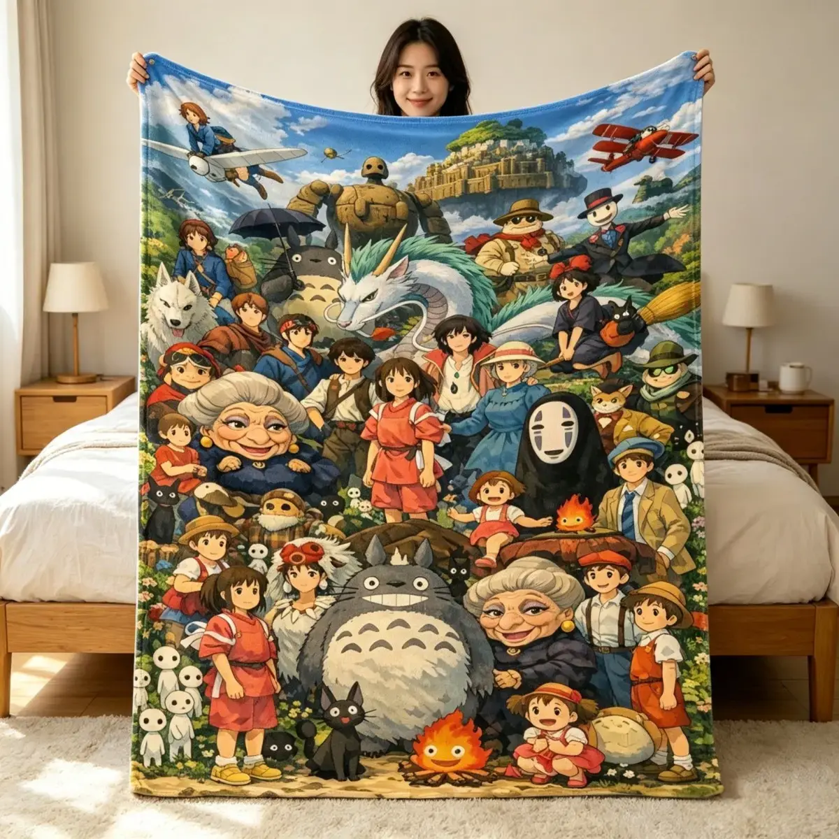 Studio Ghibli All Characters Collage Flannel Blanket, Totoro & Friends Anime Throw for Fans & Home Decor, Ultra Soft Cozy Plush Bedding Blanket for Sofa Couch Bed Bedroom Living Room Birthday Gift for Anime Lovers
