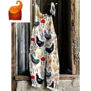Women's Fashion Floral and Chick Pattern Overalls - Light Blue, Featuring Colorful Flowers and Black Chick, Tie Cross Back Design, Casual and Fashionable Four Seasons Loungewear, Cute Overalls Fabric Lace Womenswear  pan