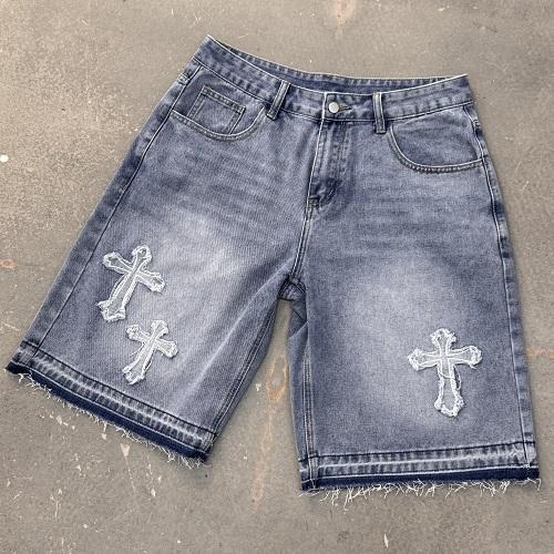Sopula Studio Men's Vintage Hiphop Cross Appliqué Rhinestone Jorts Denim Shorts SpringStatements Ripped Jeans Ripped Straight Leg