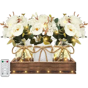HOMECOR Mason Jar Centerpiece Table Decor for Dining Room - Table Decorations with Farmhouse Wood Tray and Remote Control LED Fairy Lights for Coffee Table Home Decor Living Room Wedding