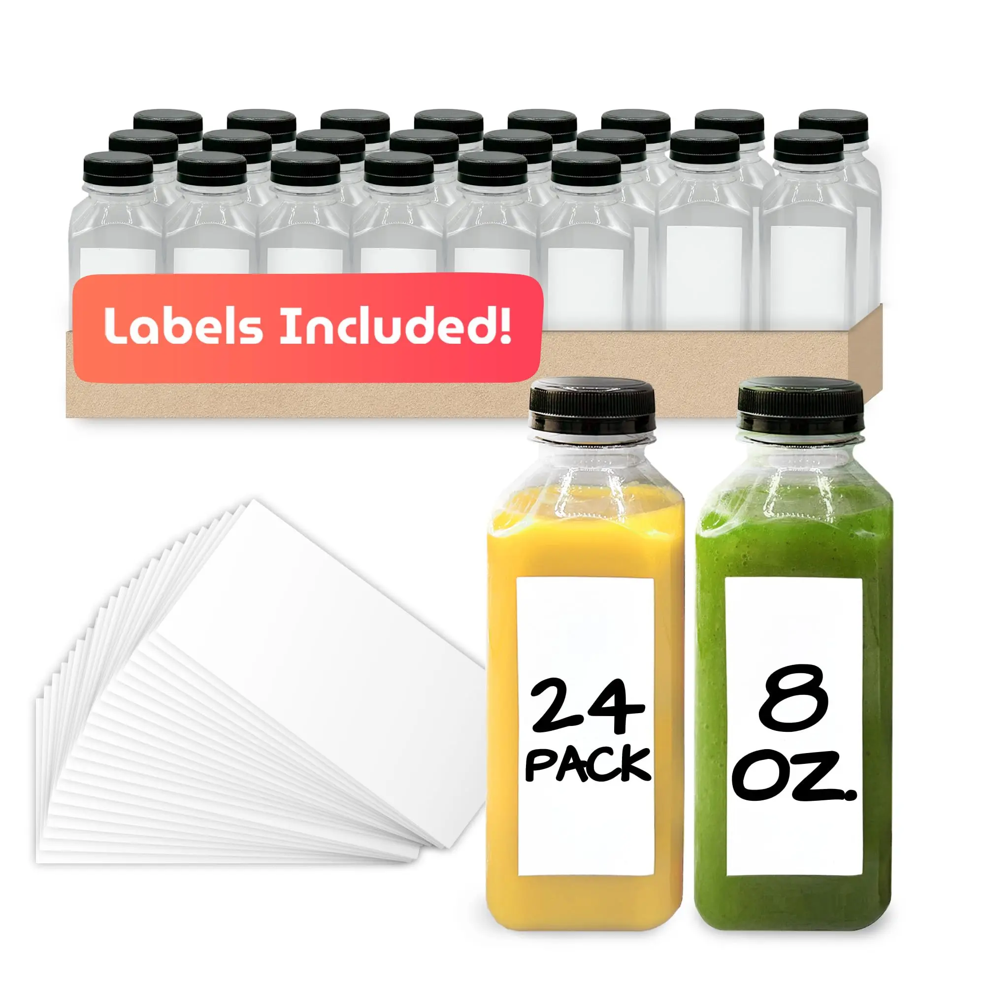 Plastic Juice Bottles [24 Pack] [8 Oz] Square With Caps & Sticker Labels | Clear  Empty For Juicing 8oz Disposable Reusable Containers Smoothies