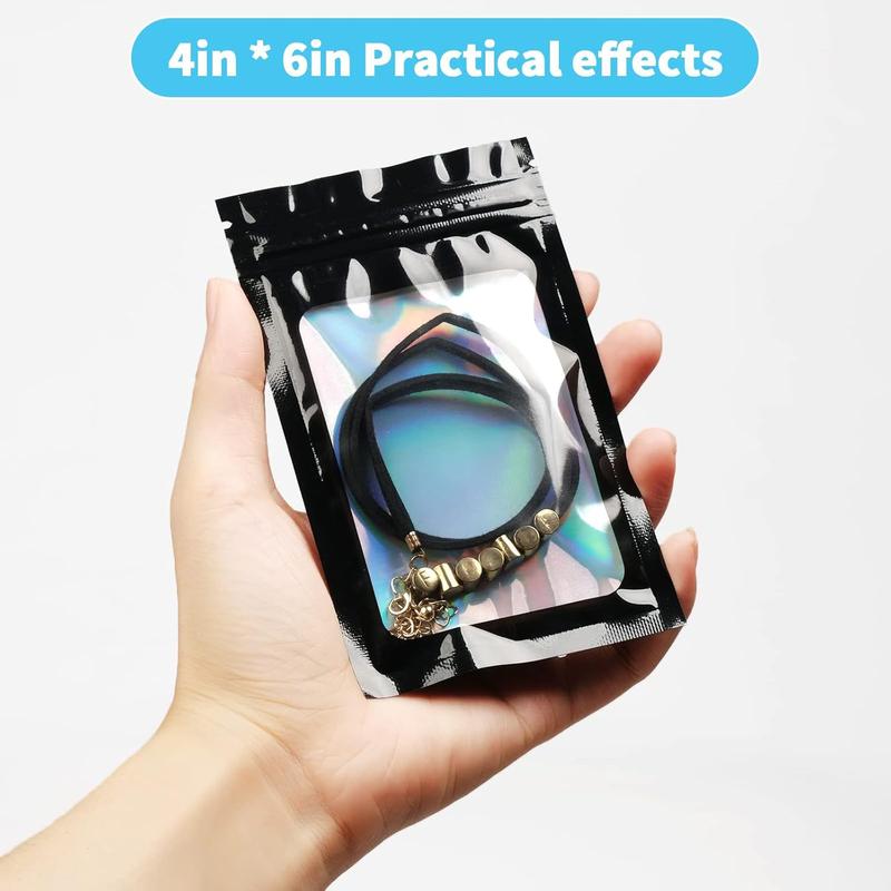 Mylar Holographic Bags 300 Pack with Clear Window Resealable Smell Proof Organiser Bags Zipper Foil Pouch for Samples Small Business Black 4x6 Inches - Aluminium