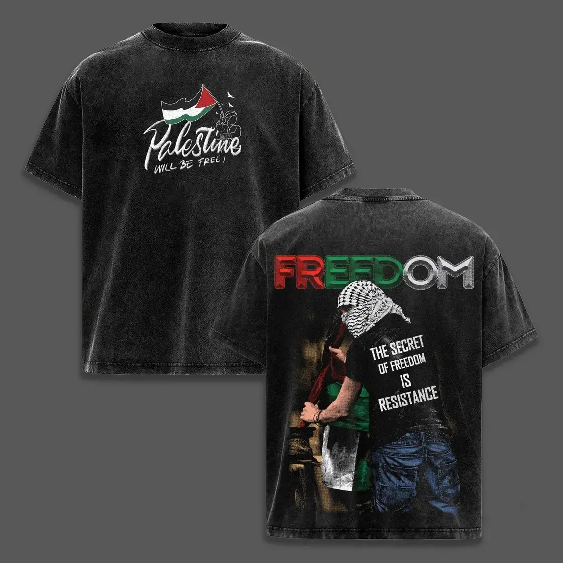 Men's Vintage Washed Cotton Crew Neck Freedom Palestine T-Shirt - Casual Short-Sleeve Mediumweight Distressed Oversized Easter Top with Double-Sided Graphic, Foldable, All Seasons, Hand Wash Only, Menswear, Figure