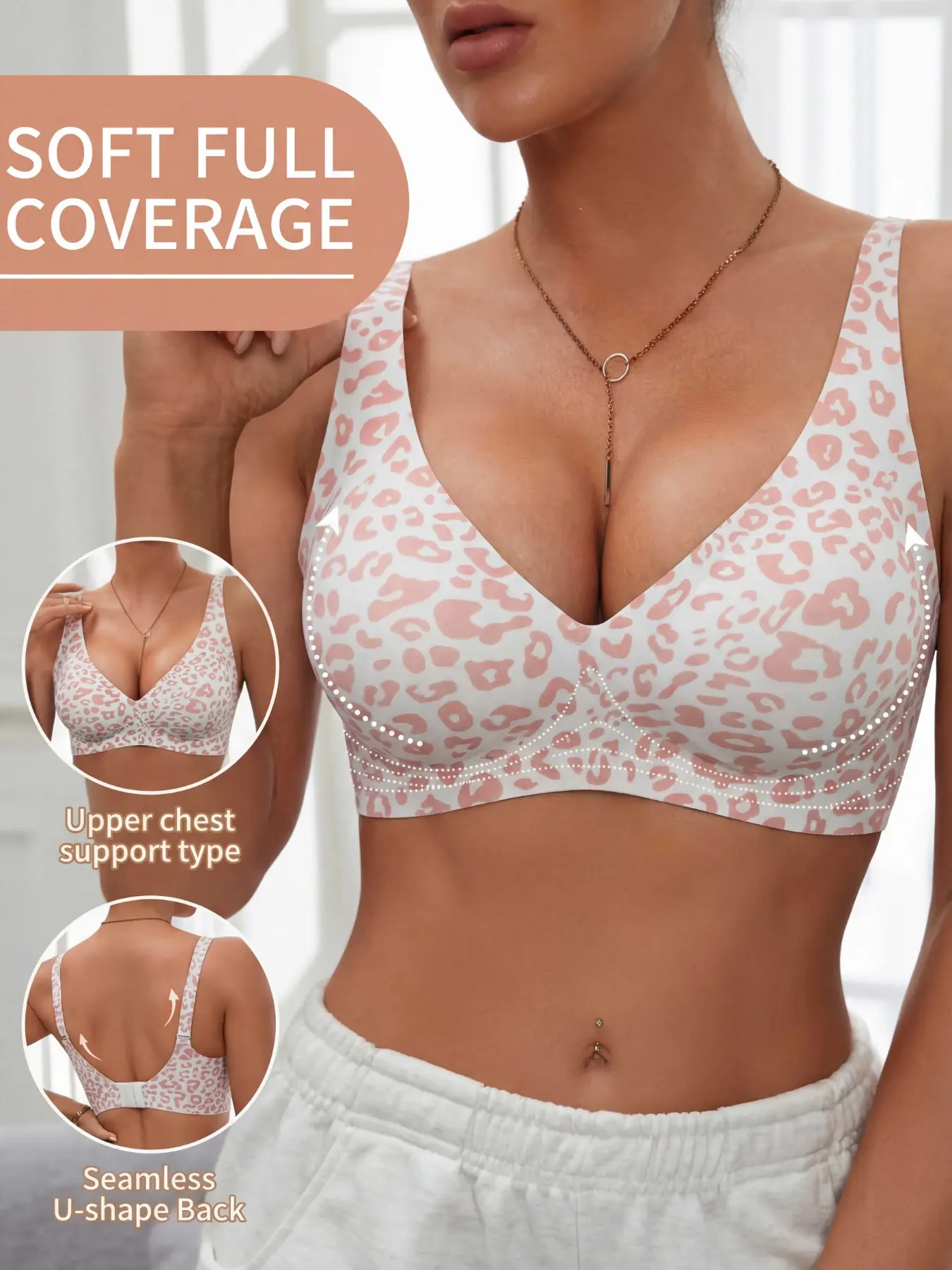 Leopard Print Bra, Wireless, Wirefree, Non Wired Bra, Seamless U-Back Design, Full Coverage, Breathable Comfort, Large Sizes, All Seasons Wear, Women's Underwear