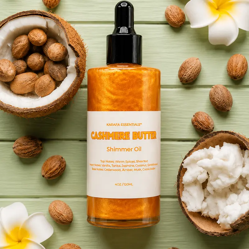 Cashmere Butter Moisturizing Body Oil with Warm Spices Shea Nut Vanilla Tonka Jasmine Coconut Sandalwood Cedarwood Amber Musk Cocoa Butter for Radiant Skin by Karafa Essentials