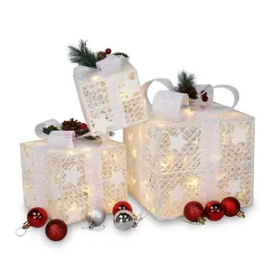 Christmas decorative light gift box set of three, wind and rain resistant, nestable gift box decorations, home décor, with 60 built-in LED lights, pre-tied with bows, suitable for indoor and outdoor holiday decoration