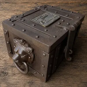 Tombstone Cast Iron Strong Box With Lion’s Head Handles – Hand-Antiqued Old West Decorative Lock Box
