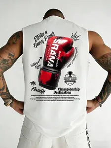 Men's Boxing Gloves Graphic Sleeveless Vest, Athletic Activewear, Athletic Top, Motivational Slogan & Curved Hem Detail, High-Quality Soft Breathable Fabric