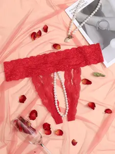 Lace Pearl Thong Panties, Pure Seductive Style, Front Pearls Fringe Design, 1 Piece Set, Women's Underwear