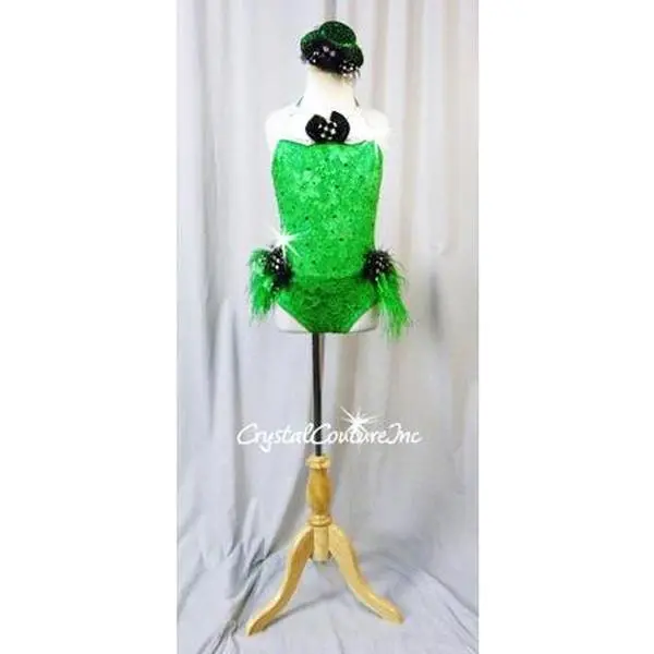 Tuxedo Inspired Kelly Green Lace Leotard with Feather & Chiffon Bustle - Swarovski Rhinestones