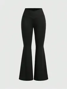 Women's Plain Basic Flare Leg Sweatpants, Flared Leg Design, Casual Comfy Bell Bottom Trousers for Daily Wear, Ladies Bottoms for Spring & Fall