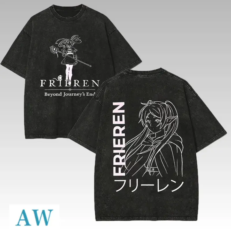 Frieren: Beyond Journey's End Themed Vintage Washed T-Shirt - Character & Magic Circle Graphic, Menswear Tops, Short-Sleeve, Unisex Apparel for Fantasy Anime Fans, AnieWear