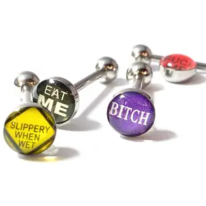 4pc Bulk Pack Epoxy Dome Bad Word Tongue Rings 14g Tounge Body Jewelry Lot