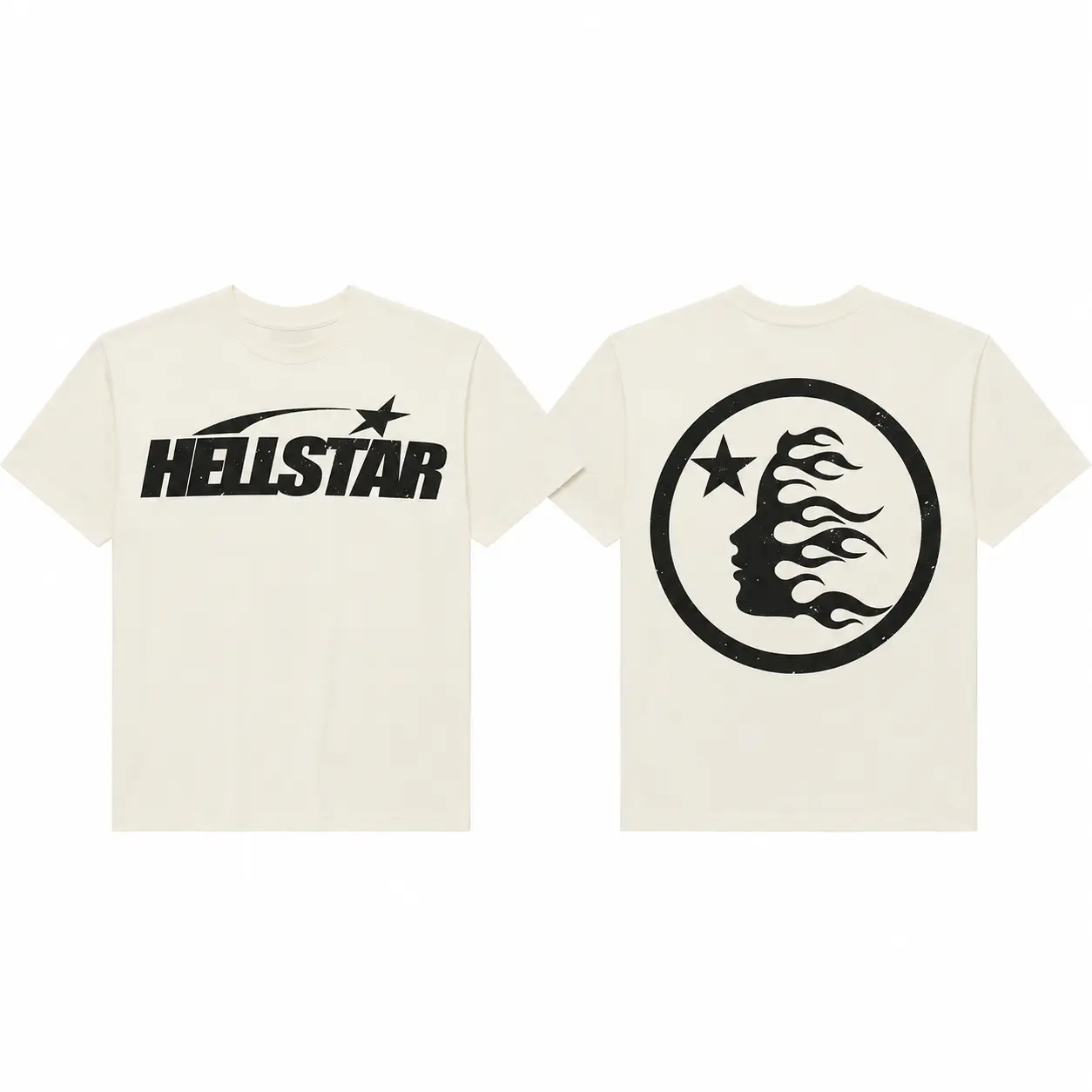 Helllstar Vintage Star Graphic T Shirt, Flame Face Back Print Tee, Streetwear Crewneck Top